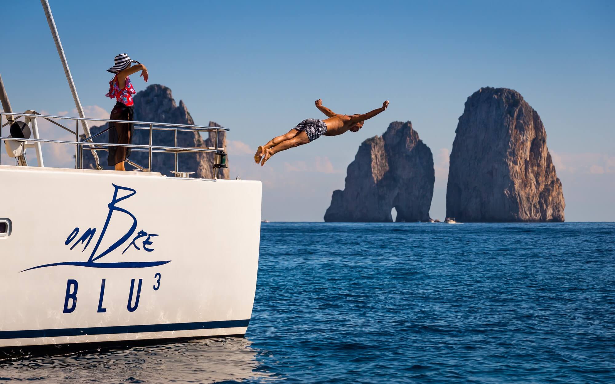 Naples, Italy, 7/10/2018 Ombre Blu3 Luxury Catamaran Cruises The Sunreef 70 Ombre Blu 3 catamaran cruising in the Napolitan Archipelago. Ph: Guido Cantini