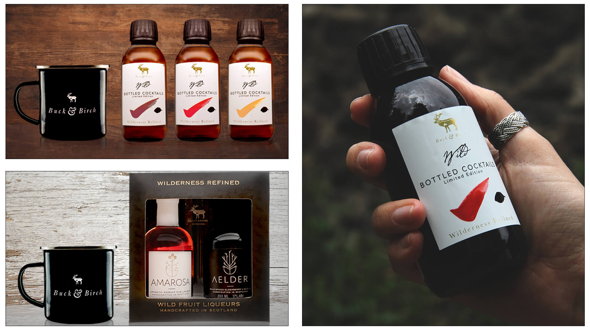 Collage of three images of Buck and Birch liquors and gift sets