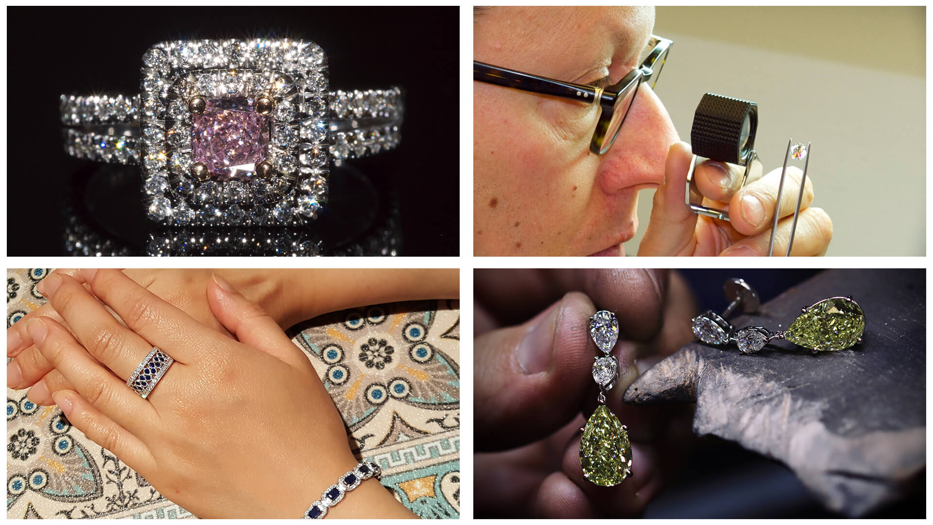 College of four images.. Top left: diamond ring against a black background. Top right: expert goldsmith looking at a diamond with an eyeglass. Bottom left,: woman's hands modelling a ring and matching bracelet. Bottom right: closeup of goldsmith holding diamond earrings