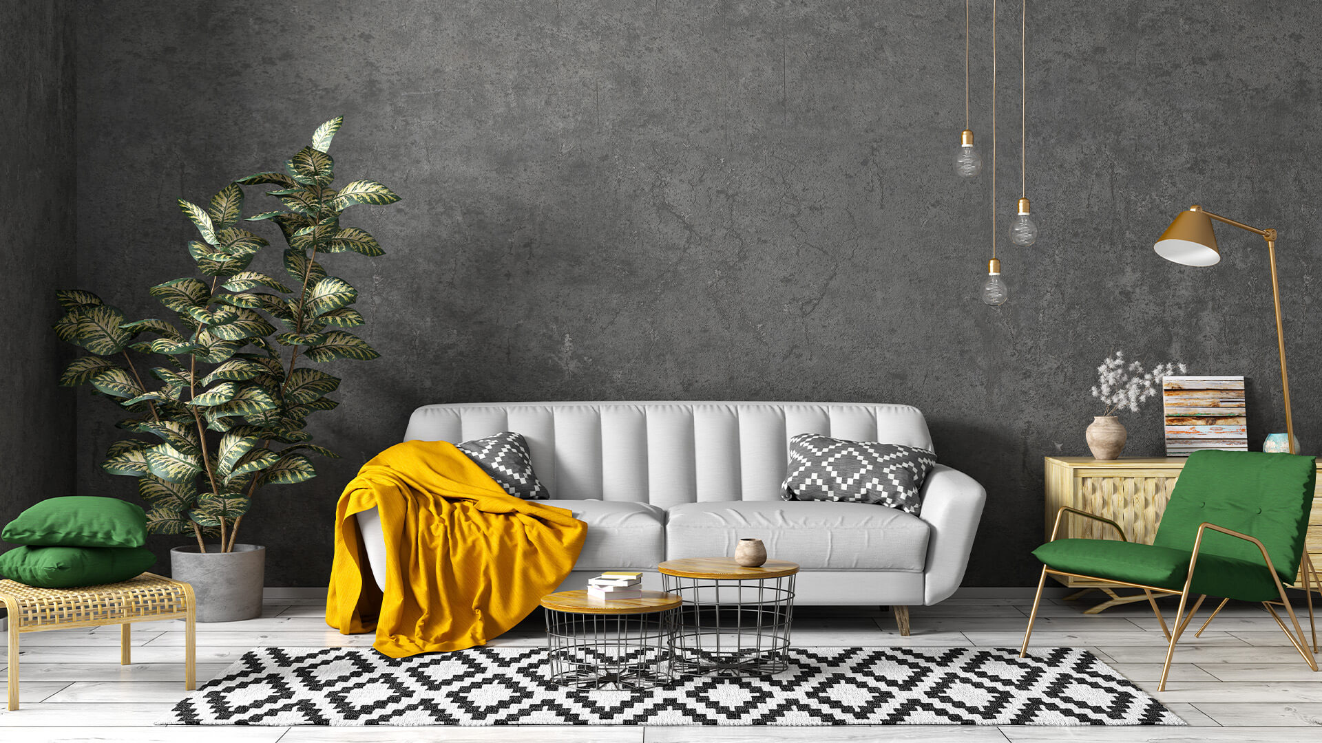Dark grey wall, light wood laminate flooring, grey sofa, yellow and grey accesories, green chairs, plant, gold light fittings