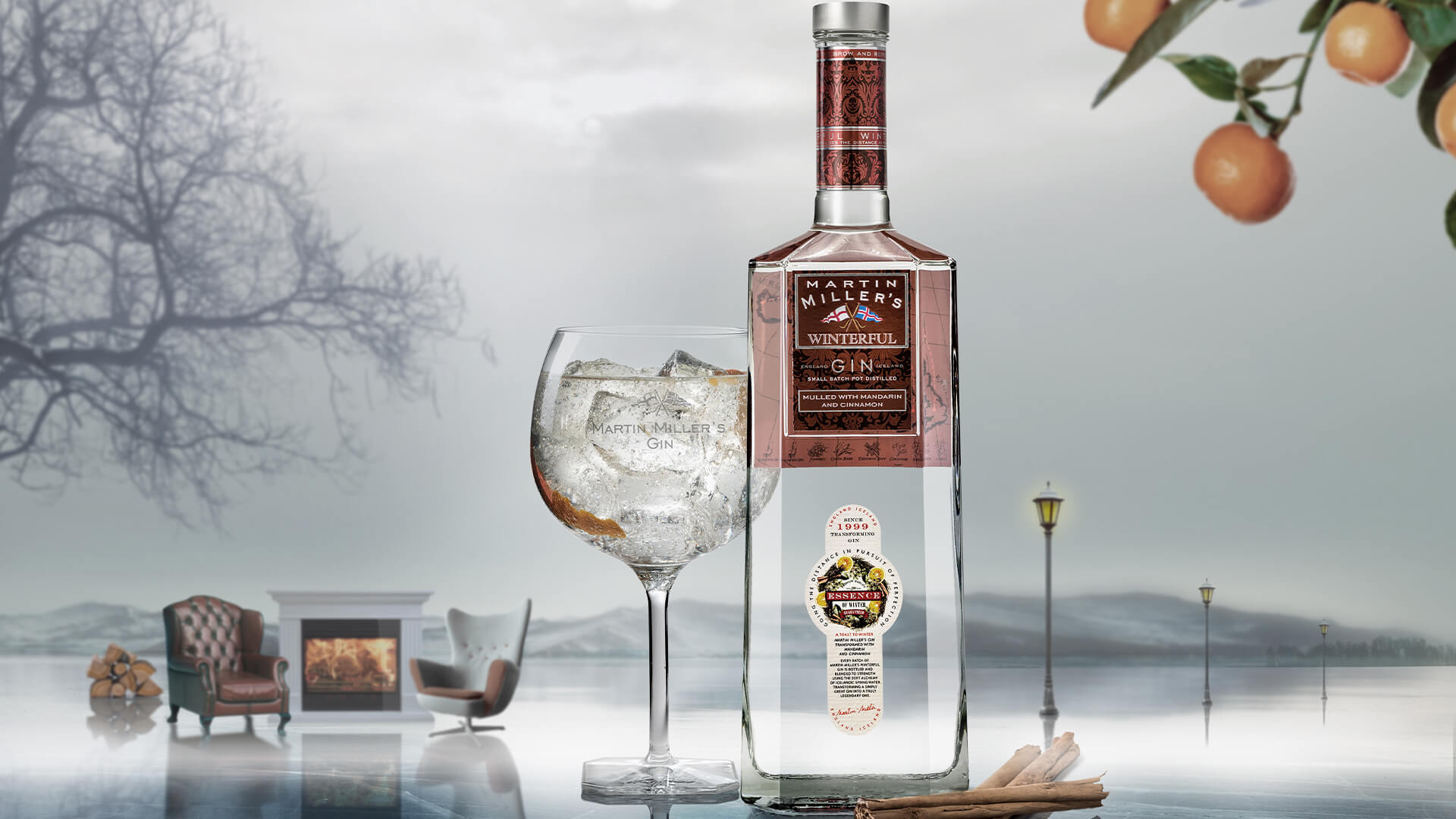 A bottle of Martin Miller's Winterful Gin with a gin bubble glass next to it. There is oranges growing from branches in the top right corner, a brown leather chair in the middle left side, and an aura of mystery in the foggy background