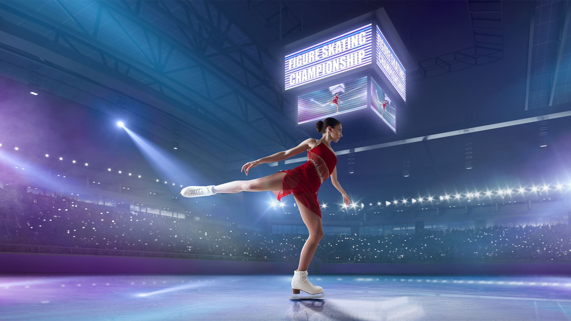 Figure skater with a red costume