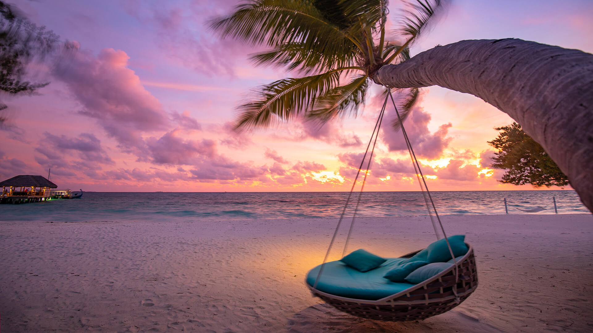 Beach in the Maldives at sunset, with a hamock hanging from a palm tree