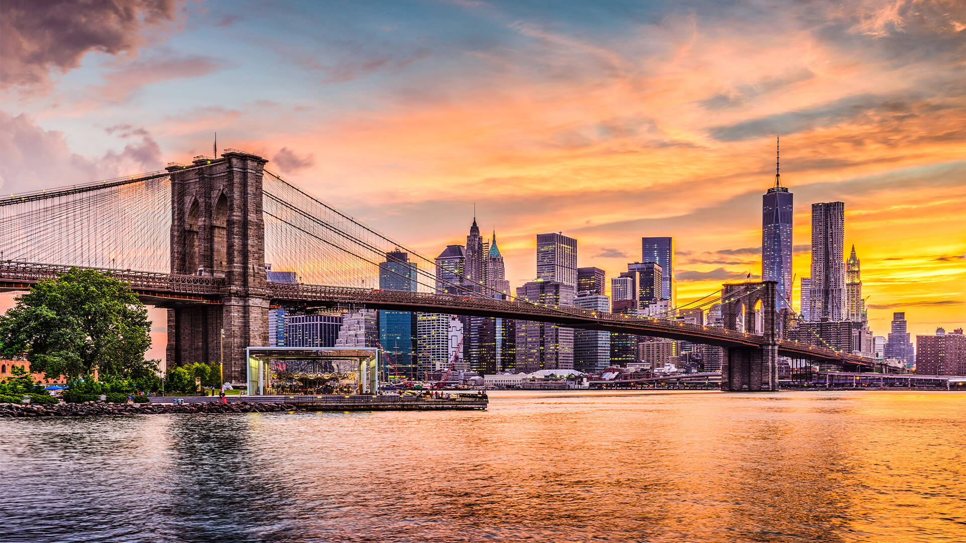 Brooklyn Bridge in New York City at sunset