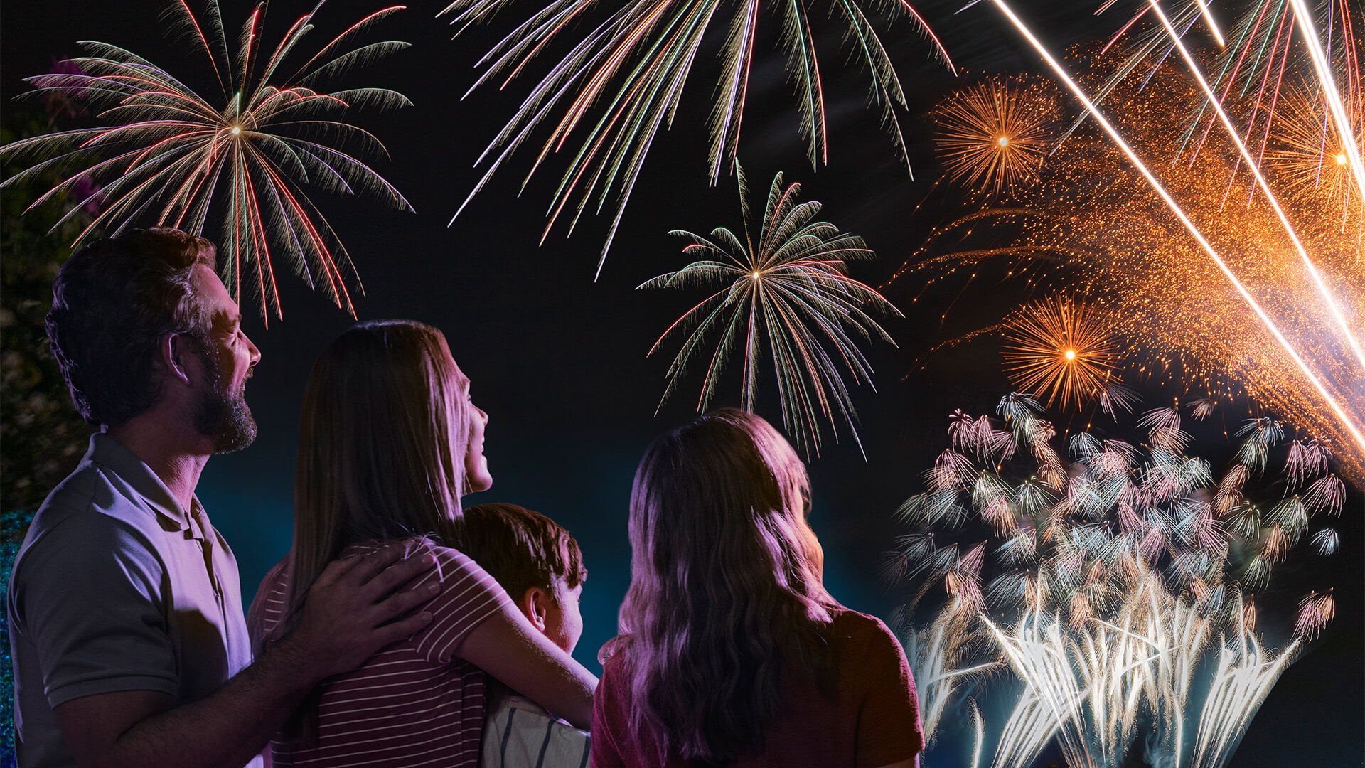Family of four watching a firework display