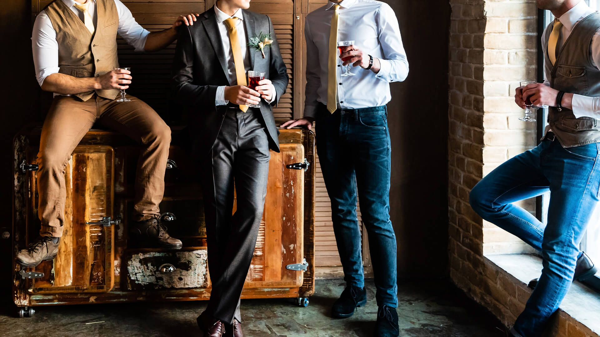 Men wearing wedding suits. Some are more casual and paired with jeans, and others more formal
