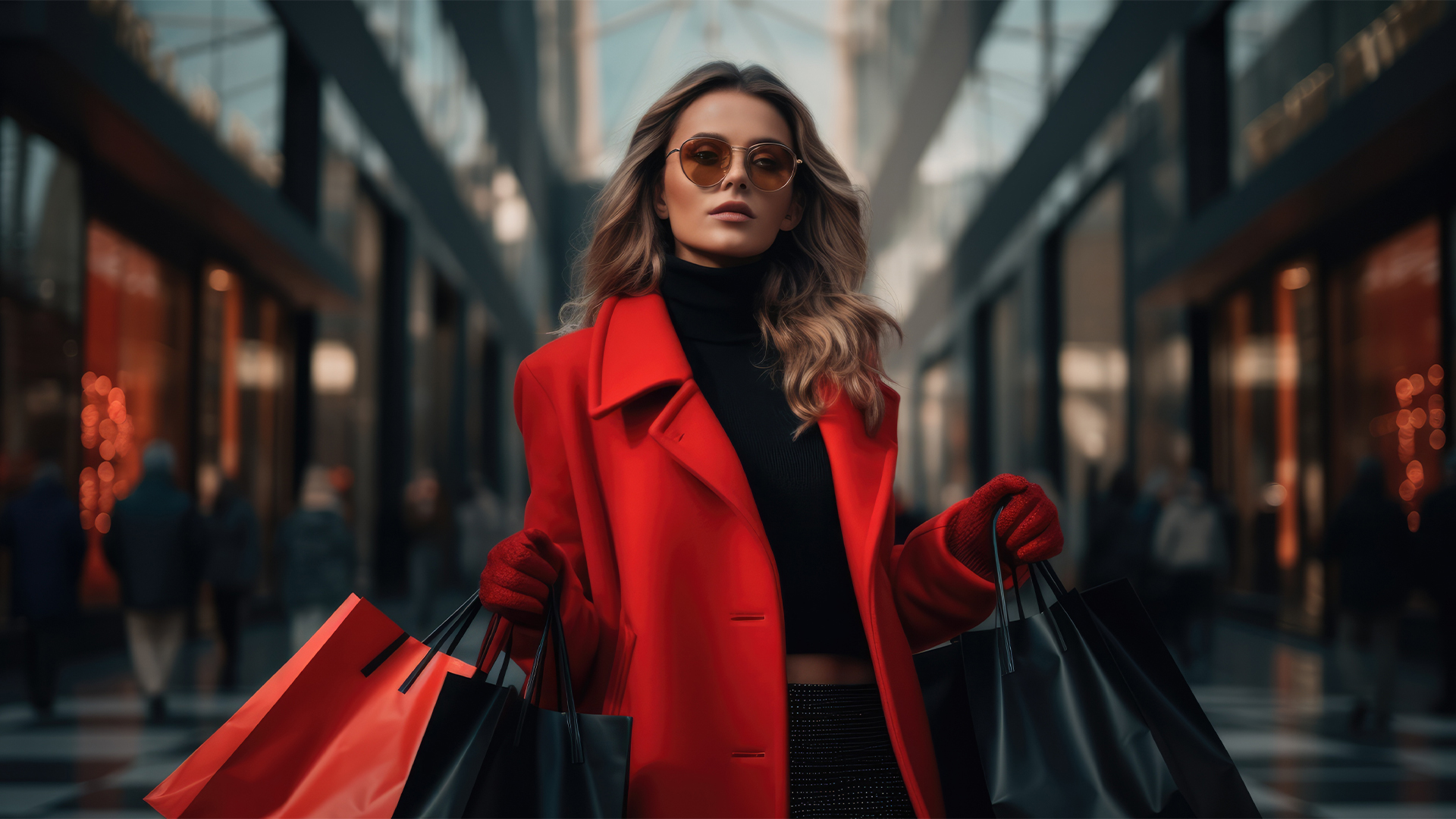 Woman in a red jacket with shopping bags