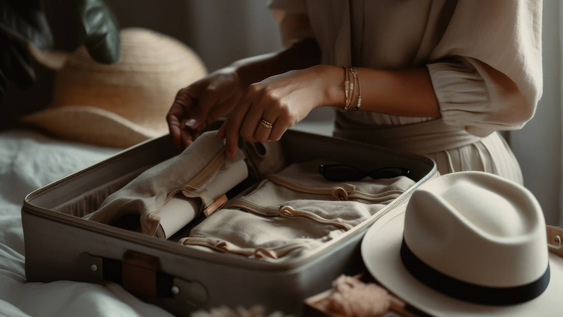 Woman opens suitcase and identifies stuff for packing clothes