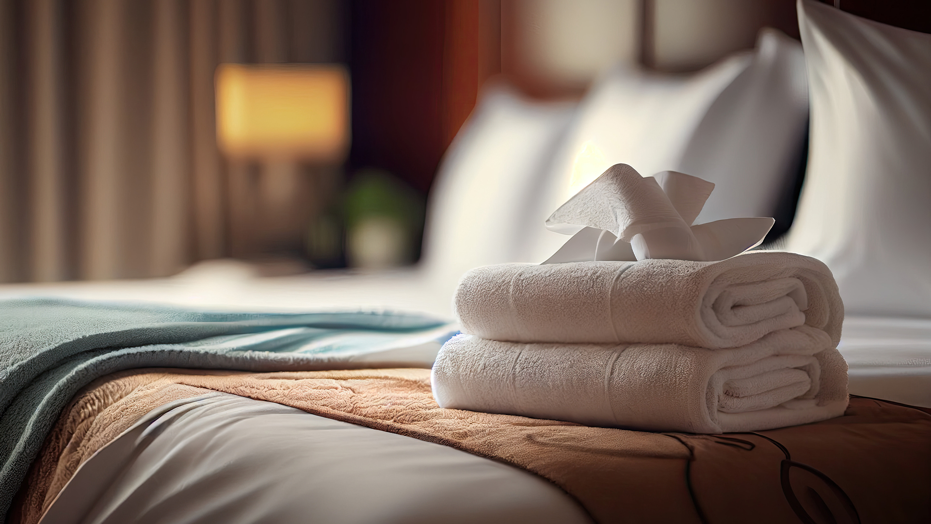 Fresh towels on bed in hotel room created with AI